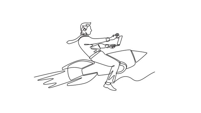Businessman flying on rocket. development business. Career growth concept. Single line draw design. Full length animation illustration. High quality 4k footage