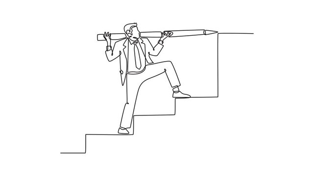 Businessman, motivated employee drawing his own ladder to success. Career growth concept. Single line draw design. Full length animation illustration. High quality 4k footage