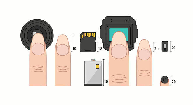 Diverse tiny electronic components shown with fingers for scale