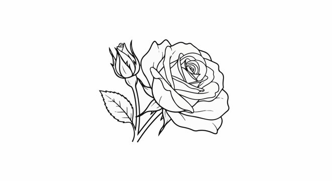 Delicate line art of a rose in full bloom beside a tightly furled bud