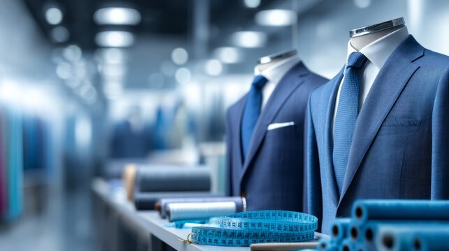 Elegant Bespoke Suits on Display in a Tailoring Studio Environment