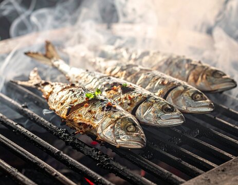 Sardinhas Assadas grilled sardines on charcoal grill, smoky atmosphere, dramatic food photography, no people