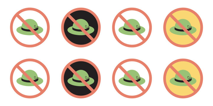 Hat Prohibition icon set indicating no hats allowed policy, forbidden action symbol used for restriction, safety rule and public notice signage design.