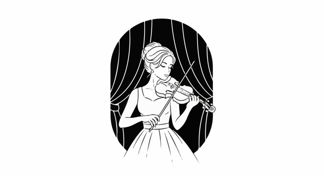 Elegant woman in vintage dress plays violin on stage with draped curtains