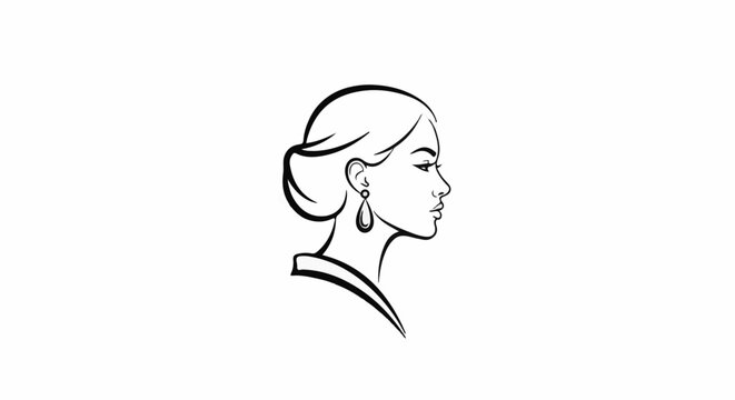 Elegant woman's profile, black and white line art, classic hairstyle, sophisticated earring