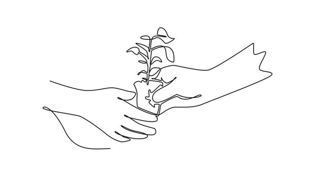 couple planting seedlings. Planting tree in city park concept. Single line draw design. Full length animation illustration. High quality 4k footage
