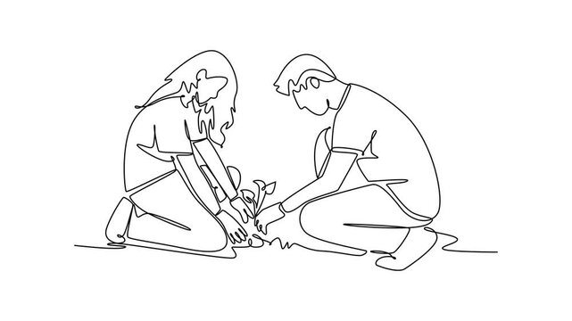 Environmental Conservation, Community Service, Eco-Friendly Activity, Teamwork. Planting tree in city park concept. Single line draw design. Full length animation illustration. High quality 4k footage