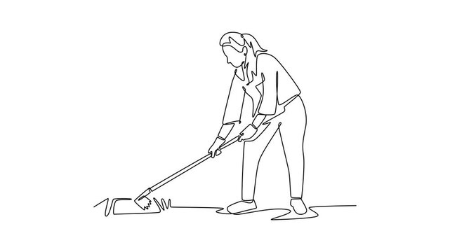 female volunteer cleaning and planting new trees. Planting tree in city park concept. Single line draw design. Full length animation illustration. High quality 4k footage
