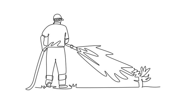 Man Municipality with hose for watering the plants and trees in city park. Planting tree in city park concept. Single line draw design. Full length animation illustration. High quality 4k footage