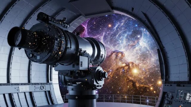 Professional telescope inside a space observatory dome viewing a colorful deep space nebula and starry galaxy, perfect for science and research media.