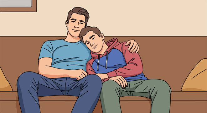 A young man embraces another man while they relax together on a comfortable couch