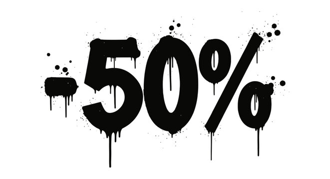 Graffiti style minus 50 percent text with dripping paint and splatters, discount