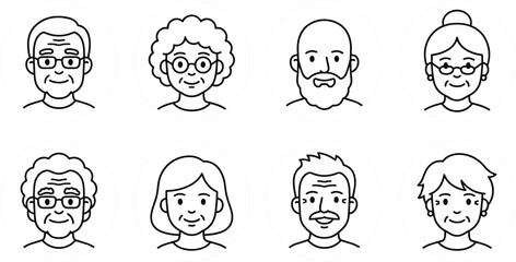 Elderly avatar line icon set with senior men and women faces minimal outline characters simple old people portrait vector illustration © MstKhyrun