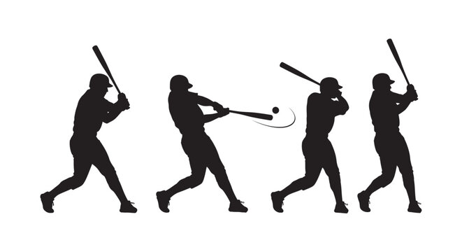 Silhouette sequence of a baseball player hitting a ball with a bat during a game