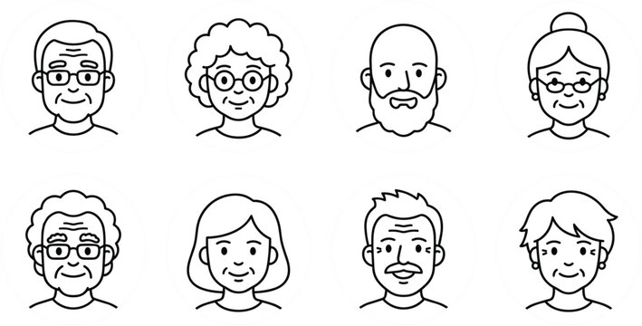 Elderly avatar line icon set with senior men and women faces minimal outline characters simple old people portrait vector illustration