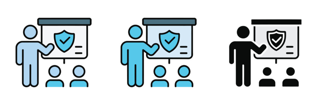 Safety and security training icons collection, vector set illustrating protection skills, awareness, compliance and emergency preparedness.