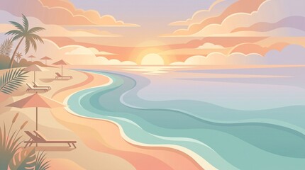 Fototapeta premium Pastel Sunset Shoreline Background with Beach Loungers for Coastal Vacation and Resort Brochure Design