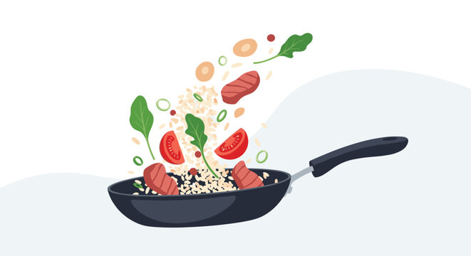 Various healthy food ingredients like meat tomatoes and greens flying out of a hot frying pan during cooking.