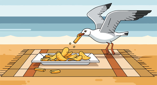 A seagull steals a french fry from a plate on a beach blanket by the ocean