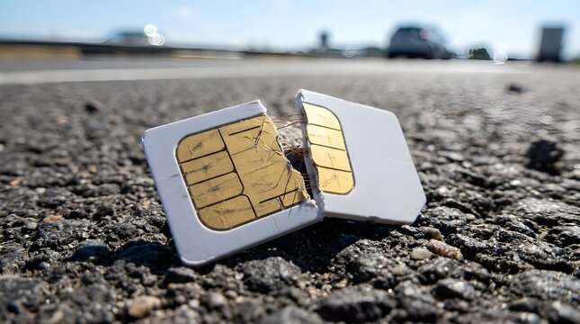 Broken Mobile SIM Card Lying on Asphalt Road with Blurred Highway Background