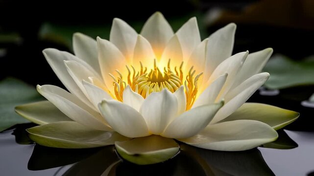 A close-up of a serene white flower with yellow stamens floating on water surrounded by green leaves