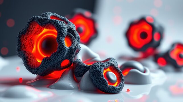Abstract glowing orbs, textured surfaces, red illumination. Futuristic design, smooth reflections, dark background. Complex geometry, digital art.