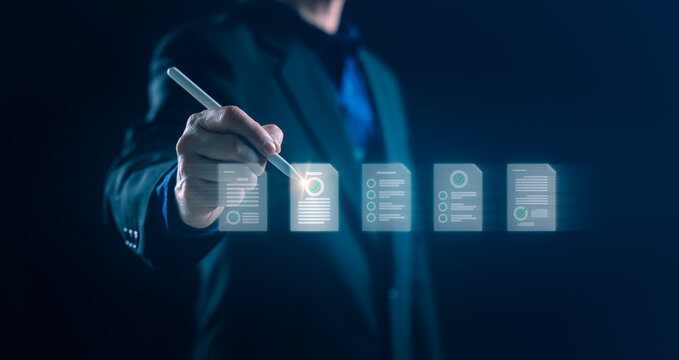 Businessman using stylus to manage digital checklist with multiple approved documents, representing workflow automation, data validation, and compliance control in a modern corporate environment.