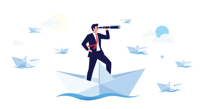 Confident businessman standing on giant paper boat looking through telescope symbolizes searching for future business opportunities.