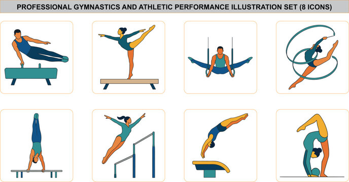 Flat vector illustrations of pommel horse, balance beam, gymnastics rings, rhythmic ribbon dance, parallel bars, uneven bars, vault, and rhythmic gymnastics.