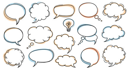 Fototapeta premium Assorted hand drawn speech bubbles including a light bulb idea icon are scattered across a white background space.