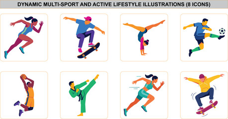 Flat vector illustrations of sprinting, skateboarding, gymnastics, soccer, basketball dunking, karate kicking, running, and street skating for athletic sports lifestyle designs. © MstBijly