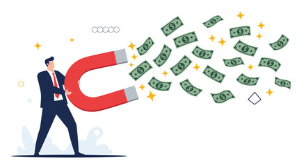 Obraz premium Ambitious businessman uses a large red horseshoe magnet to attract many flying dollar bills for financial gain.