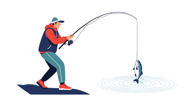 Patient fisherman catches a large silver fish on a hook and line while standing on a rocky shore at a lake.