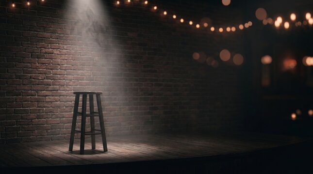 Empty Stage Stool Under Spotlight for Stand Up Comedy Background with Warm String Lights