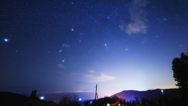 Constellations, zodiacal light and Milky Way stars on a dark countryside skies.