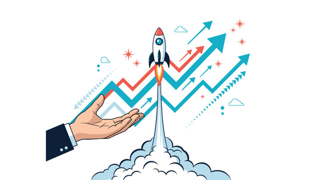 Hand launches a space rocket through an upward trending line graph to show exponential business growth success.