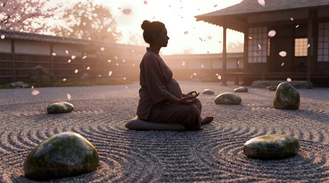 Pregnant asian woman meditating in traditional kimono robe in a japanese zen rock garden with cherry blossom petals at sunset concept of maternity and mindfulness