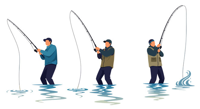Set of three fishermen standing in water wearing blue jackets and caps while holding fishing rods in different positions to catch a fish.