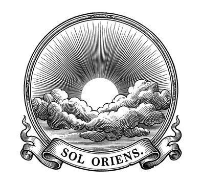 Sunrise emblem with cloud and latin ribbon in vintage engraving
