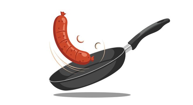 Brown cooked sausage being tossed and flipped in the air above a black frying pan with lines indicating movement and action during cooking.