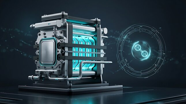 Hydrogen fuel cell engine with glowing blue energy, futuristic green hydrogen power generator, sustainable clean energy technology concept