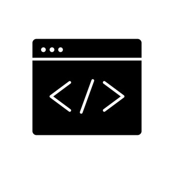 Monochromatic vector illustration of a browser window displaying code tags, representing web development and programming.