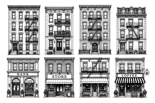 New York city townhouse set and brownstone storefront engraving