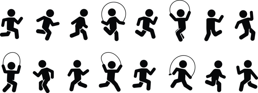 Silhouette icons of people running and jumping rope in two rows skipping person