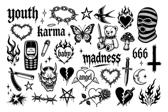 Y2K tattoo flash set with demon mask heart and barbed wire in gothic