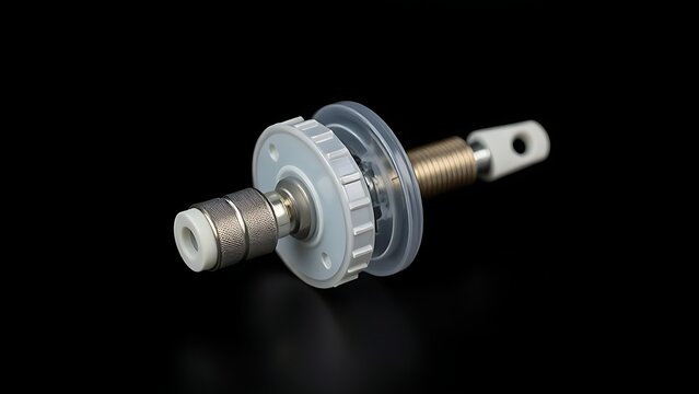 A medical implant device with metallic electrodes on a dark background.