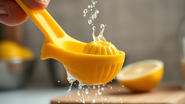 A yellow lemon squeezer being compressed, droplets flying in kitchen scene.