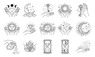 Obraz premium Mystical astrology celestial set sun moon key crystal hourglass line art