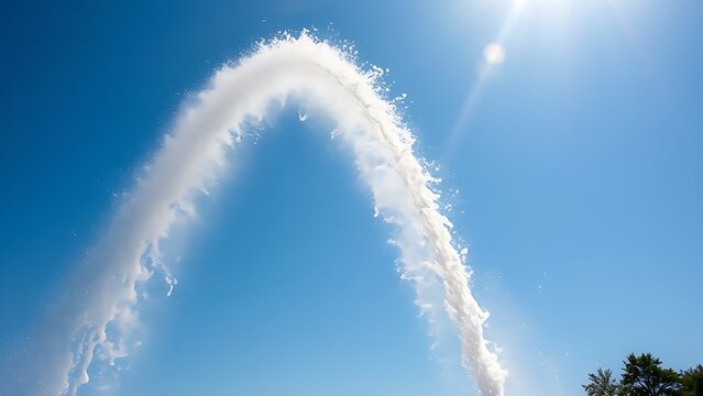 A fountain's water jet arching against a blue sky with sunlight creating glints.