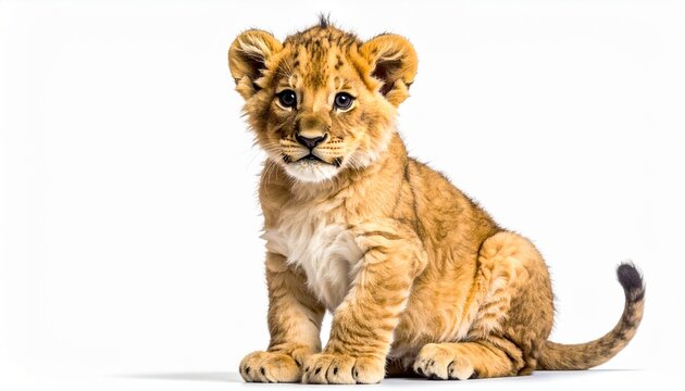 Young lion cub lying on white background, light brown fur with darker markings, round eyes, small ears, extended paws, adorable early stage of majestic predator.